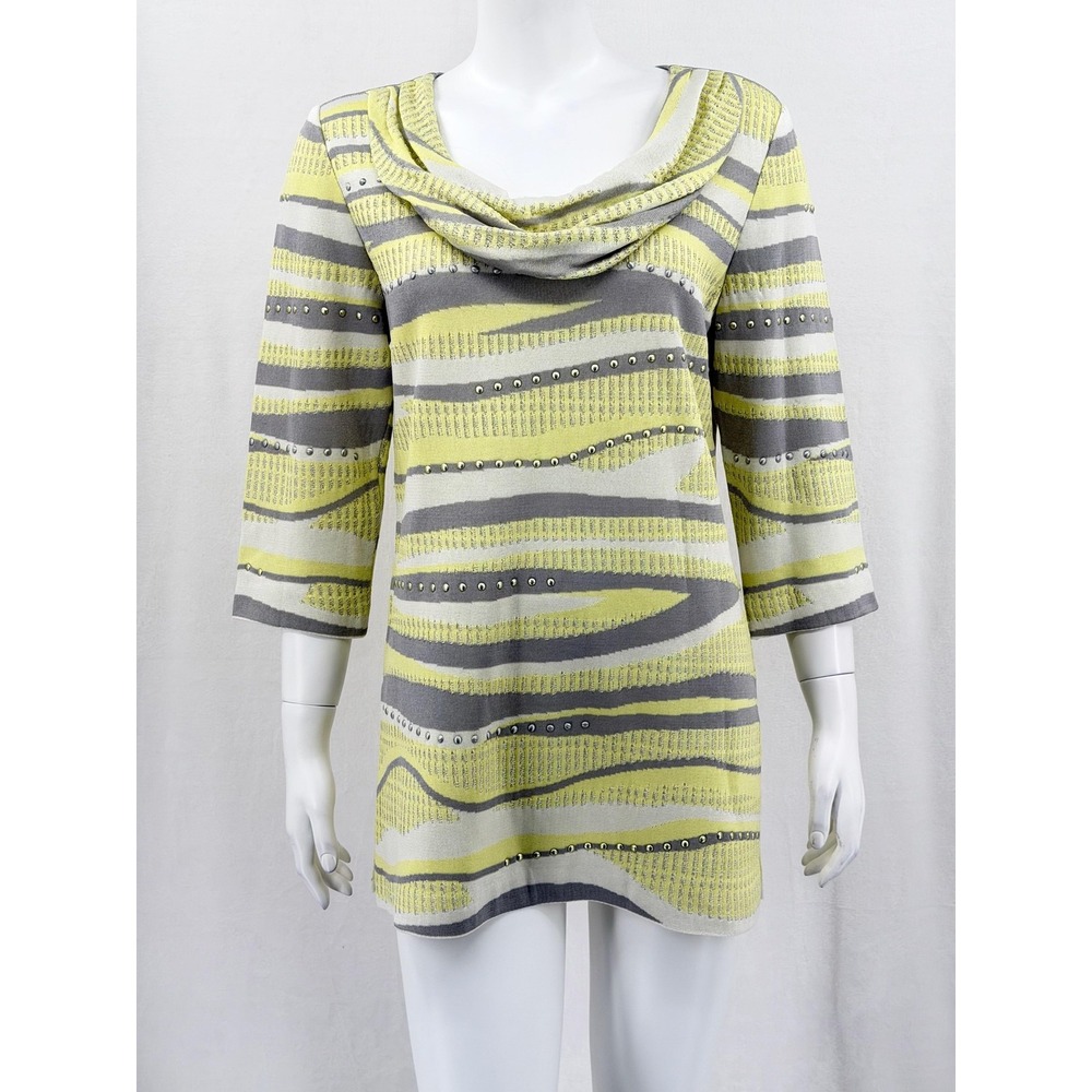 Ming Wang Top Womens Medium Yellow Gray Striped Cowl Neck Studded Tunic Office